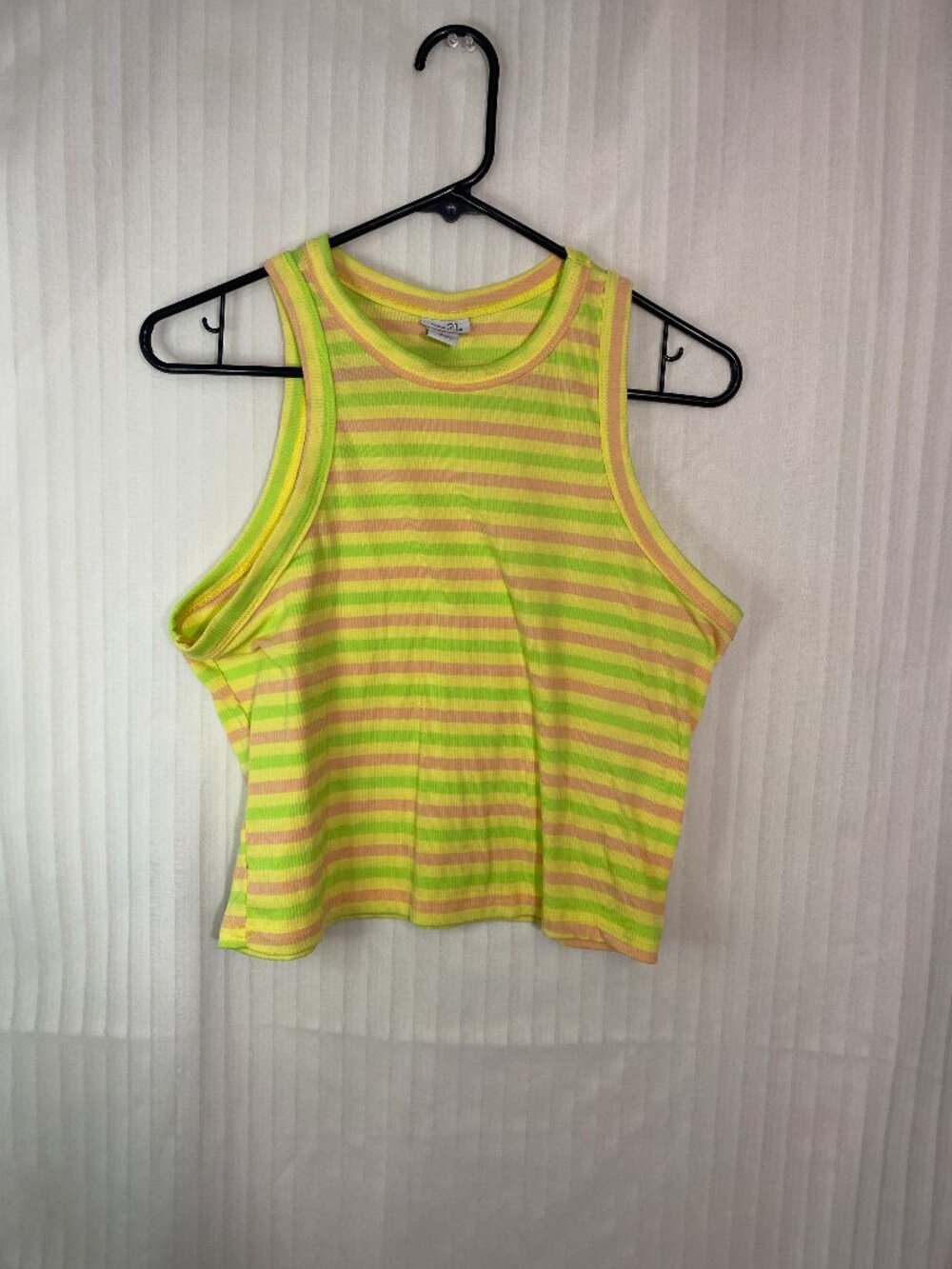 Rue21 Women's XL Neon Yellow Green Pink Striped Ribbed Tank Top Y2K Stretch